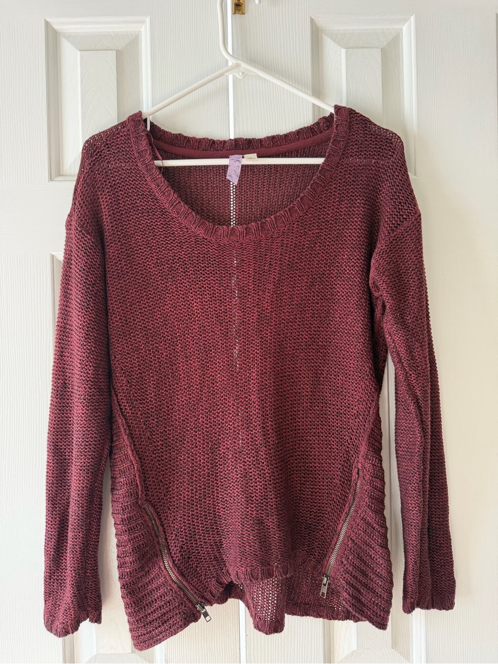 Alya Wine-Red Scoop Neck Knit Sweater with Side Zips